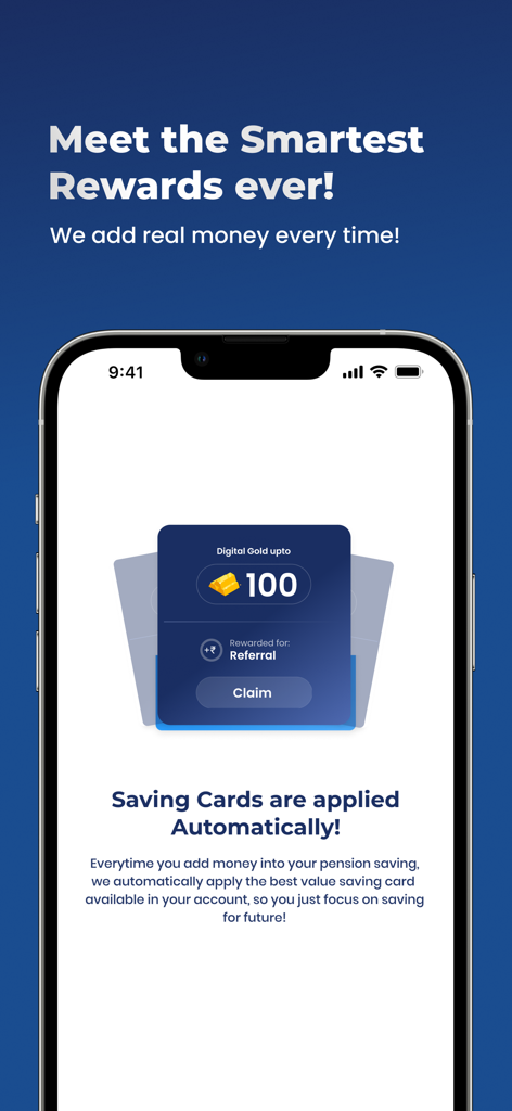 NPS by PensionBox - NPS by PensionBox app interface showing digital gold referral rewards and automatic saving cards