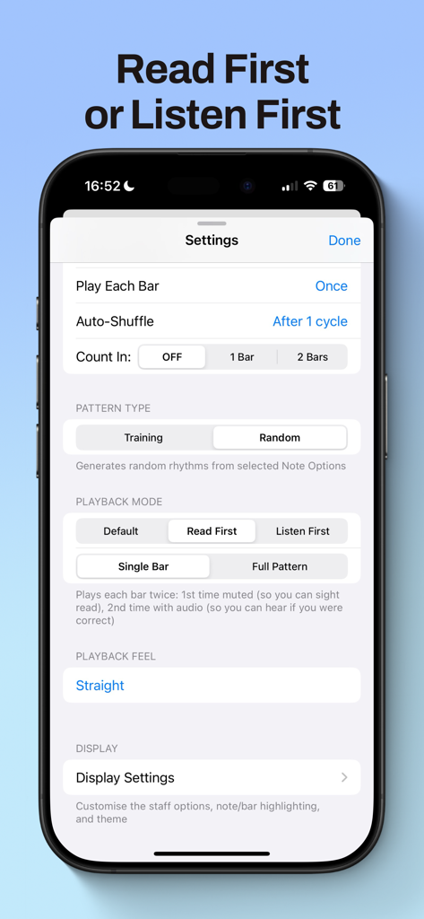 Rhythm Generator - Rhythm Generator app settings menu displaying playback mode and pattern type options