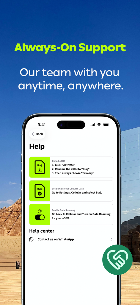 Burj - Unlimited Travel eSIM - Burj app help screen with eSIM setup instructions and WhatsApp support button