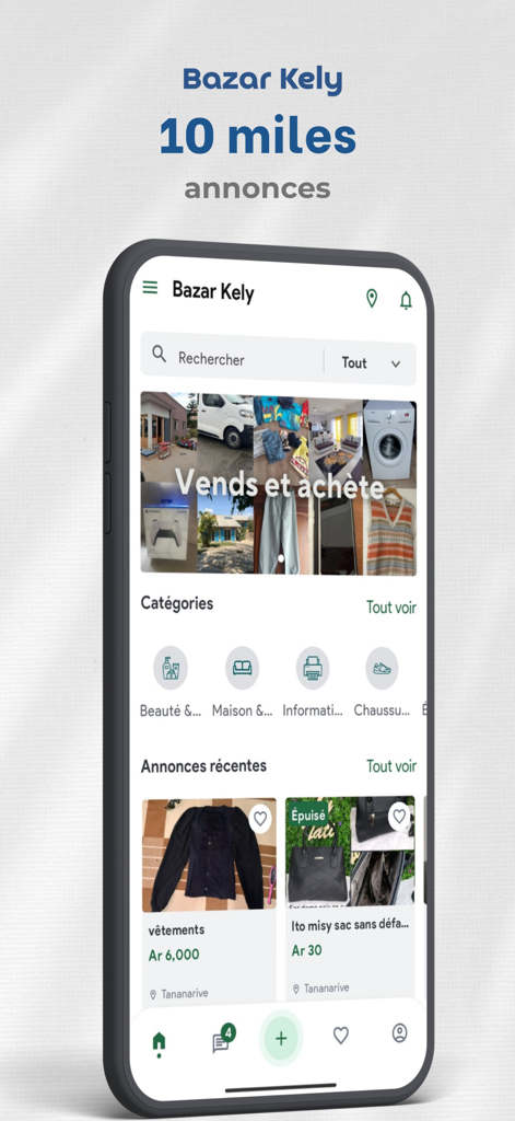 Bazar kely, petites annonces - Écran d'accueil de l'application Bazar Kely montrant les annonces classées locales et les catégories d'achat à Madagascar