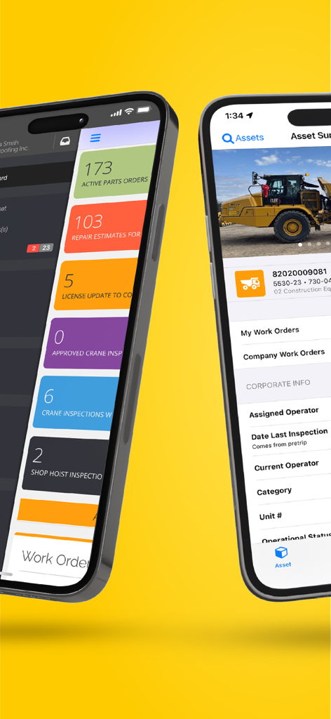 Nektar 모바일 앱 화면에는 건설 중장비에 대한 현장 운영 대시보드 및 상세 자산 추적 정보가 표시됩니다