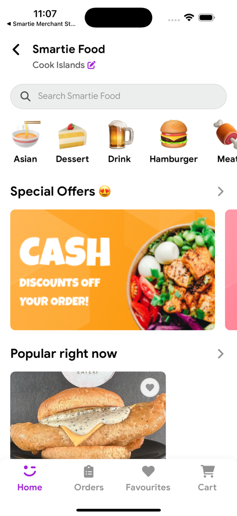 Smartie: The smart way to pay - Smartie Food app interface showing categories like Asian food and desserts with special offers in the South Pacific