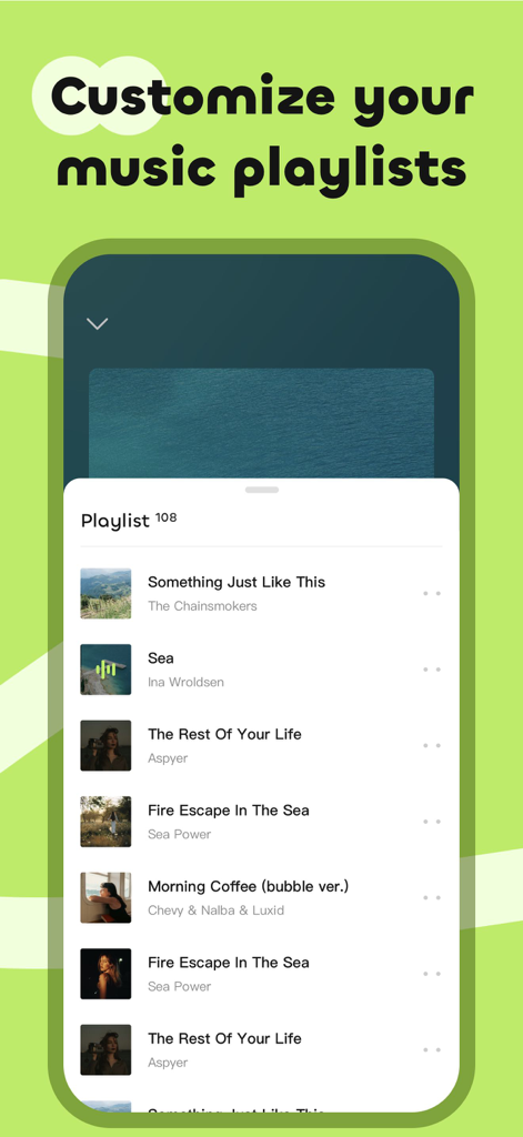iVocal-Melodic Bliss - Screenshot of iVocal Melodic Bliss app showing a customized music playlist with a list of songs and their album covers