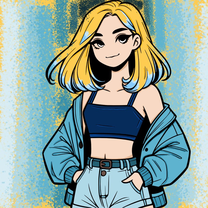 a realistic girl with a crop top and short shorts in an open jacket