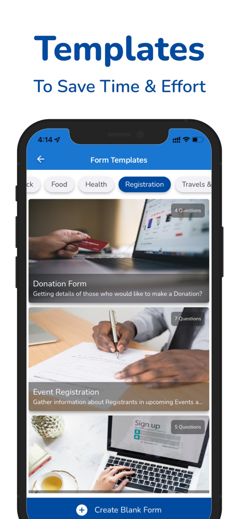 SurveyHeart app interface showing various form templates like donation and event registration to save time and effort
