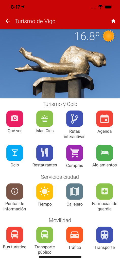 Vigo App - Concello de Vigo - Vigo App mobile interface showing tourism leisure city services and mobility menus