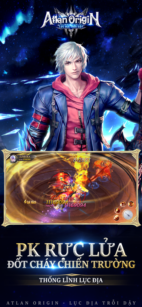 Atlan Origin: Lục Địa Trỗi Dậy - Gameplay screenshot of Atlan Origin showing intense PK combat on a battlefield with a heroic white haired character