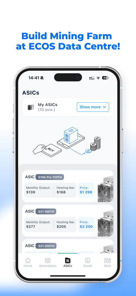 ECOS app interface showing ASIC Bitcoin miners and pricing