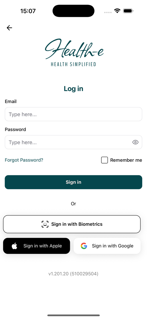 Login screen of the Health-e Simplified app featuring email and password fields and social sign-in buttons.