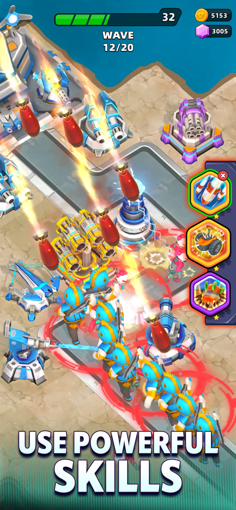 Raid Rush: Tower Defense TD - Juego de defensa de torres lleno de acción en Raid Rush mostrando torres atacando a unidades enemigas con habilidades poderosas