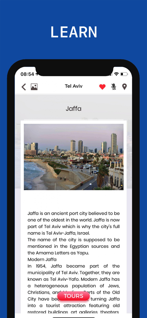 텔아비브 여행 가이드 앱에서 욥바의 역사와 사진을 제공하는 교육 화면입니다.