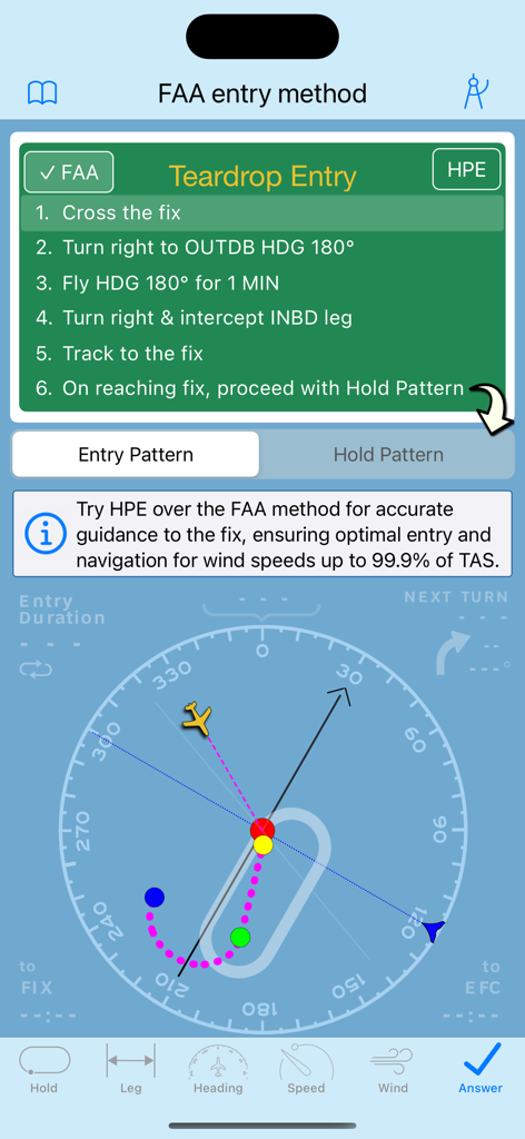 Aviation app interface showing FAA teardrop entry steps and visual flight path navigation.