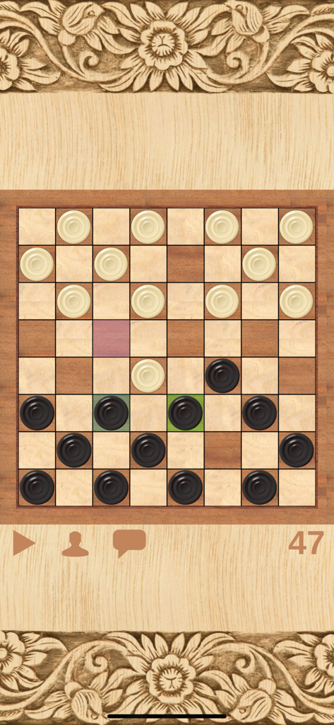 A match of Checkers Online on a classic wooden board with highlighted move options