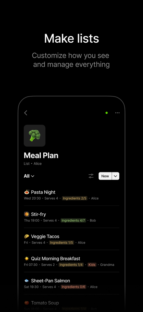 Uno screenshot mobile dell'app Anytype che mostra un elenco di piani pasto con campi personalizzati per ingredienti e porzioni in modalità scura.
