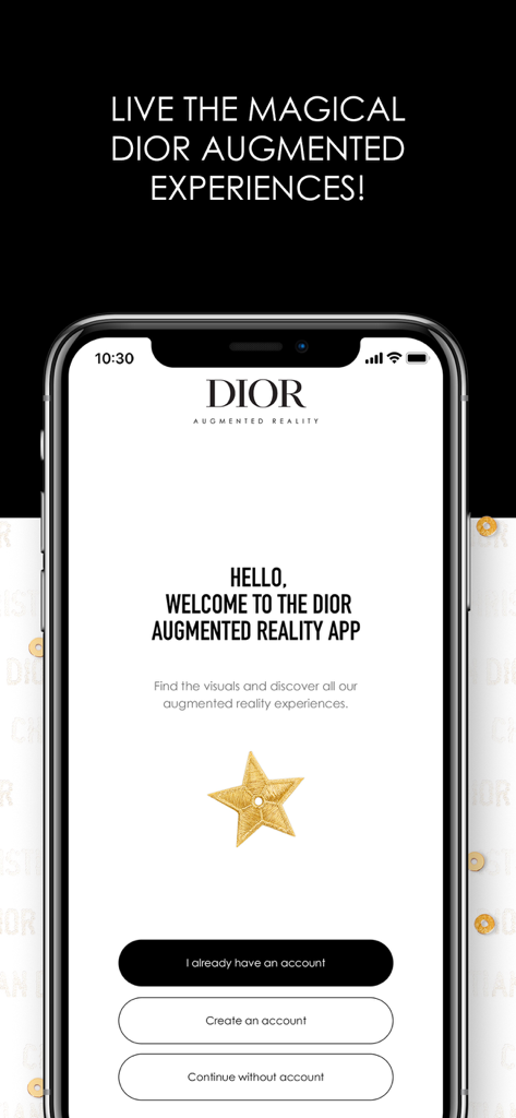 Dior AR Experience app welcome screen with a gold star icon and login buttons.