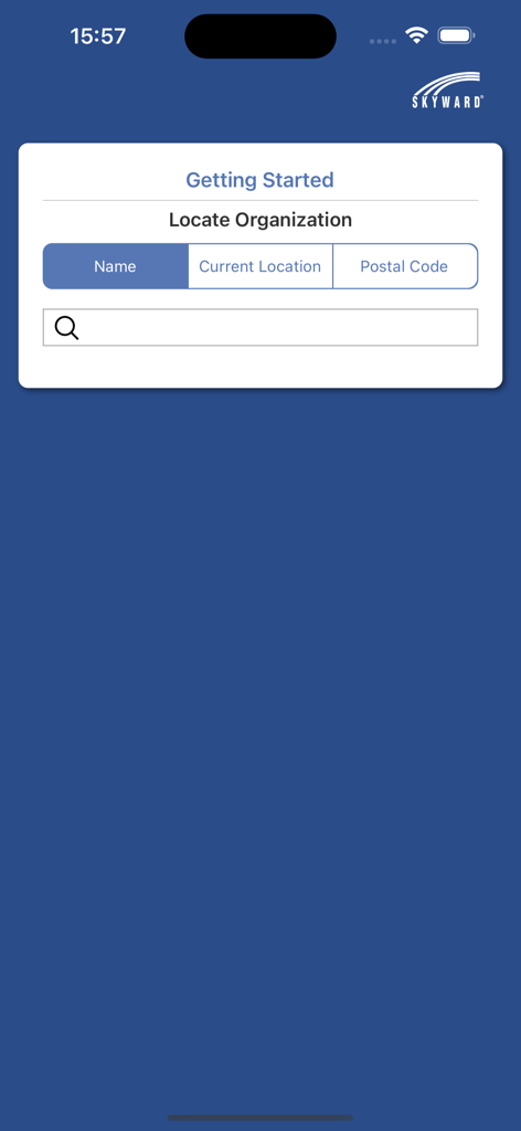 Skyward Mobile Access - Skyward Mobile Access app getting started screen for locating a school organization by name or location