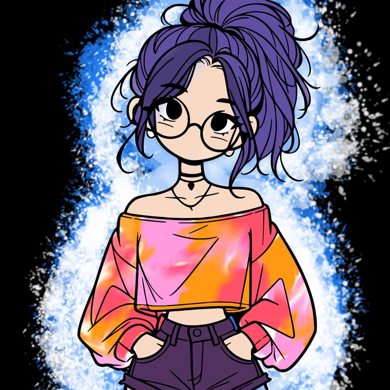girl with a messy ponytail glasses a baggy crop top and jean shorts