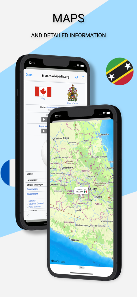 MapGo: Countries of the world - MapGo app showing interactive maps and country details for Canada and Mexico