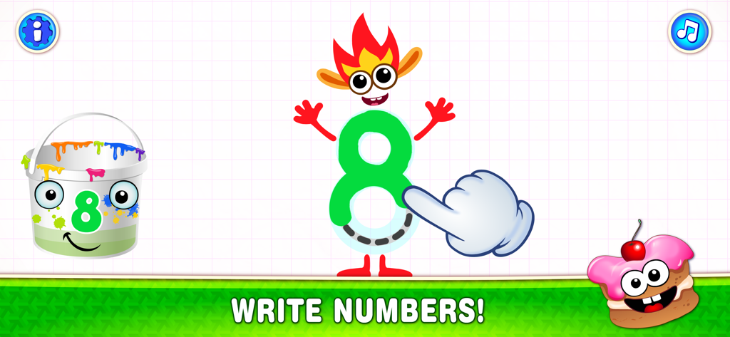 123 Counting Number Kids Games - Preschool educational game screen showing a hand icon tracing the number eight character.