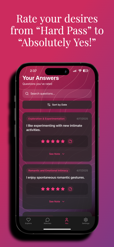 Xplore Couple Intimacy Match - Mobile app interface showing intimacy questions and a five star rating system for couples