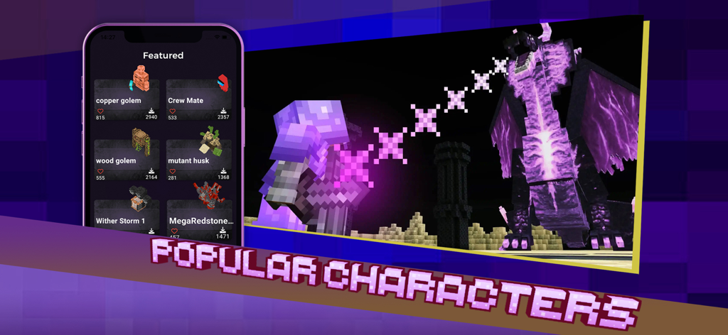 MCPE Model Maker app interface showing featured Minecraft character models and a custom boss battle scene