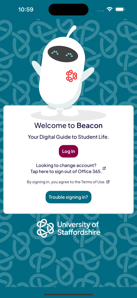 Beacon - Digital Guide - Welcome screen of the Beacon student guide app with a friendly robot mascot