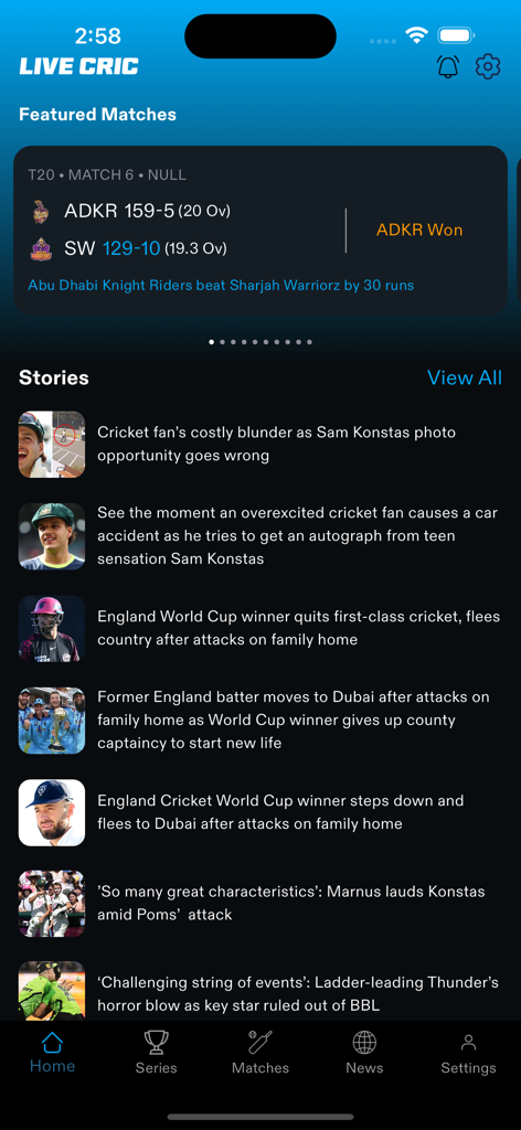 Pantalla de inicio de la aplicación de resultados de cricket en vivo con resultados de partidos e historias de noticias de cricket