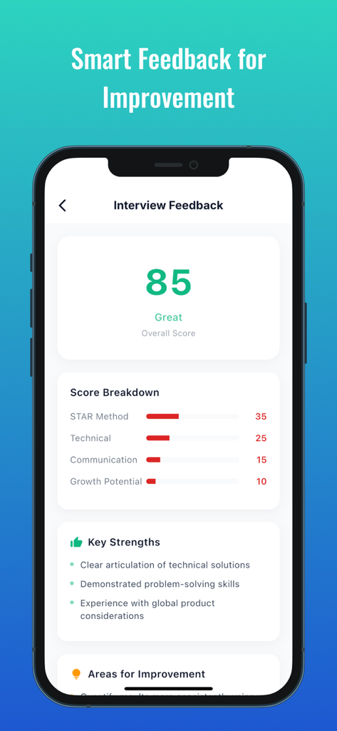 Resume Builder: CV Maker & AI - 総合スコア85と詳細なパフォーマンスの内訳を表示するAI生成面接フィードバックスクリーンを表示するスマートフォン