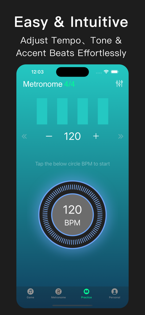 Metronome Pro - beats and BPM - Metronome Pro app interface showing 120 BPM and 4/4 time signature settings with easy tempo adjustment buttons