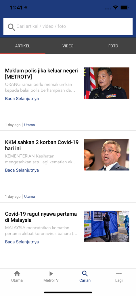 Harian Metro Mobile - Harian Metro Mobile app home screen displaying news articles in Malay with a search bar and bottom navigation menu