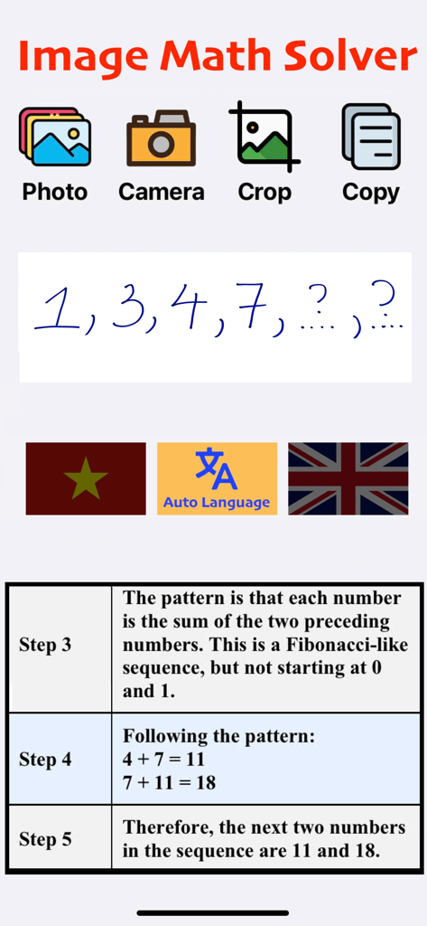 Math Solver With Solution - AI - An AI math solver app interface showing the solution and logic steps for a handwritten number sequence problem.