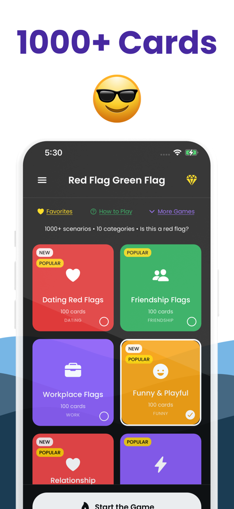 Red Flag: Couple Questions - Mobile app screen showing game categories like dating friendship and workplace for the Red Flag Couple Questions game