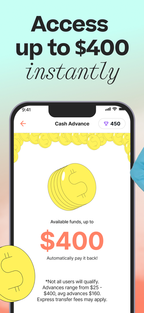 Klover app screen showing access to four hundred dollars instant cash advance