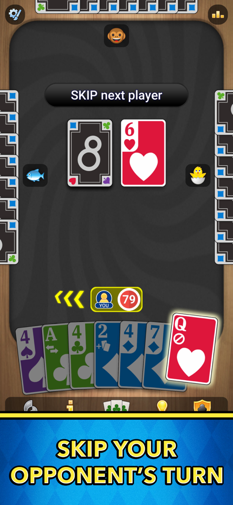 Crazy Eights: Card Games - Uno screenshot di Crazy Eights Card Games che mostra l'azione salta turno dell'avversario durante il gioco