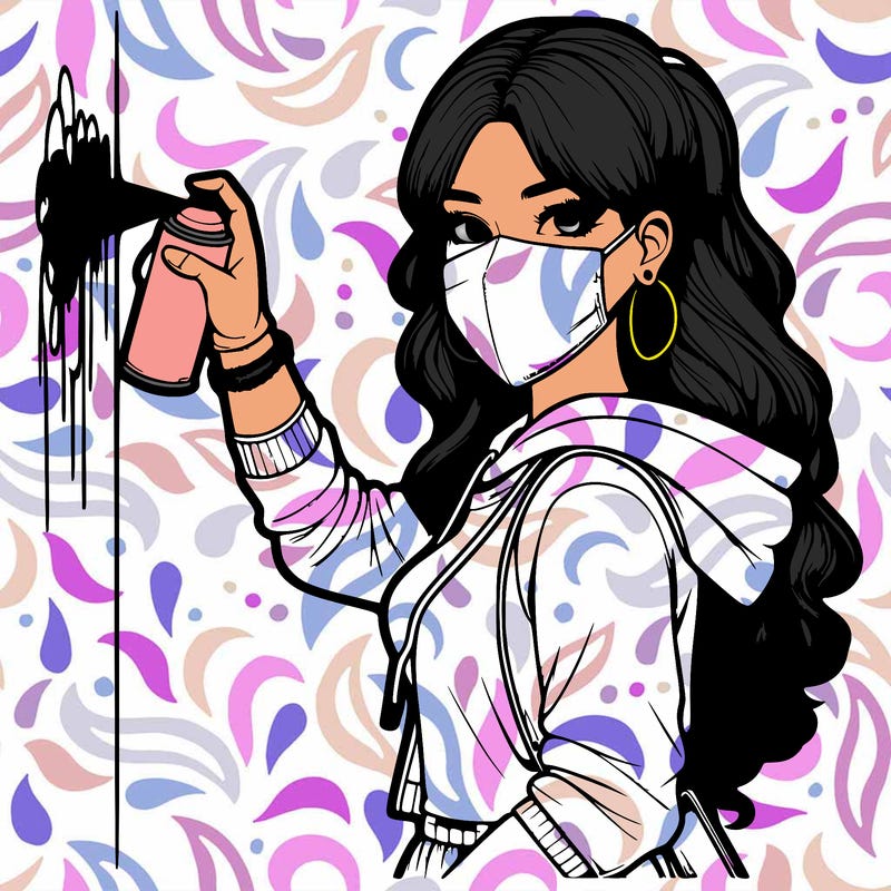 realistic girl with mask spray painting a wall