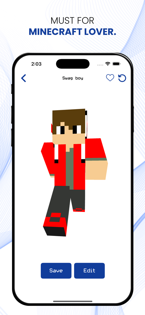 Boy Skins for Minecraft PE ! - A mobile app interface showing a Minecraft boy skin named Swag boy with a red hoodie and headphones.