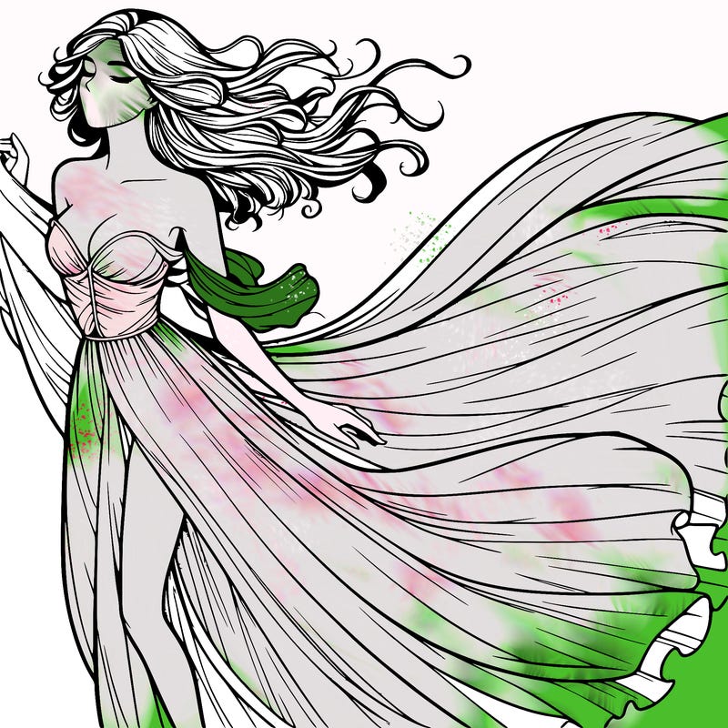 realistic woman in dress flowing the the wind