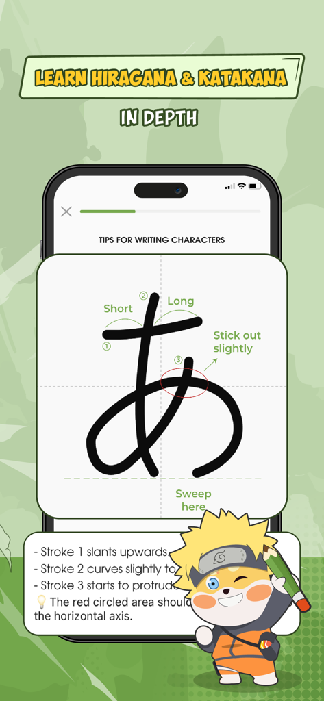 Tutorial che mostra l'ordine dei tratti e suggerimenti di scrittura per il carattere Hiragana giapponese 'a' con una mascotte anime