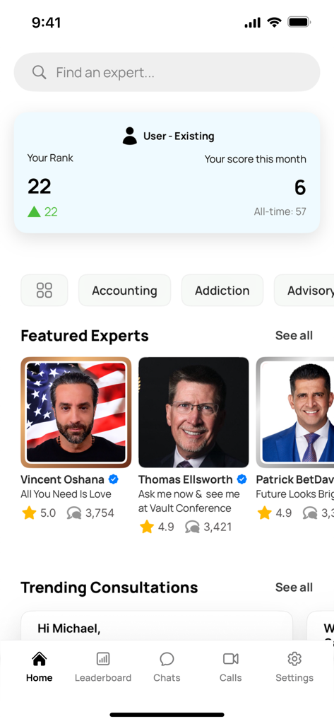MINNECT - Écran d'accueil de l'application mobile Minnect montrant le classement des utilisateurs et une liste d'experts professionnels en vedette pour consultation.