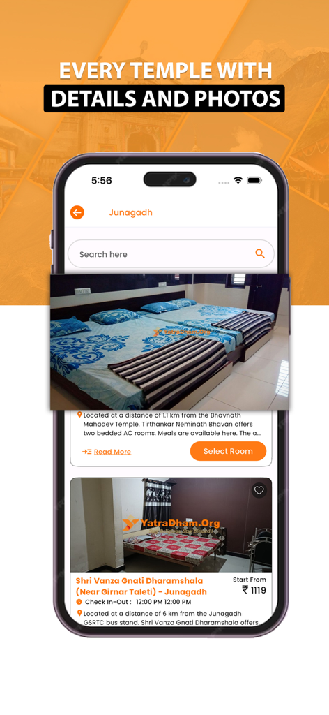YatraDham app screen showing room listings for dharamshalas and ashrams in Junagadh with photos and pricing