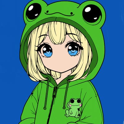 cute realistic girl in a froggy hoodie