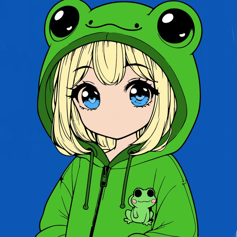 cute realistic girl in a froggy hoodie