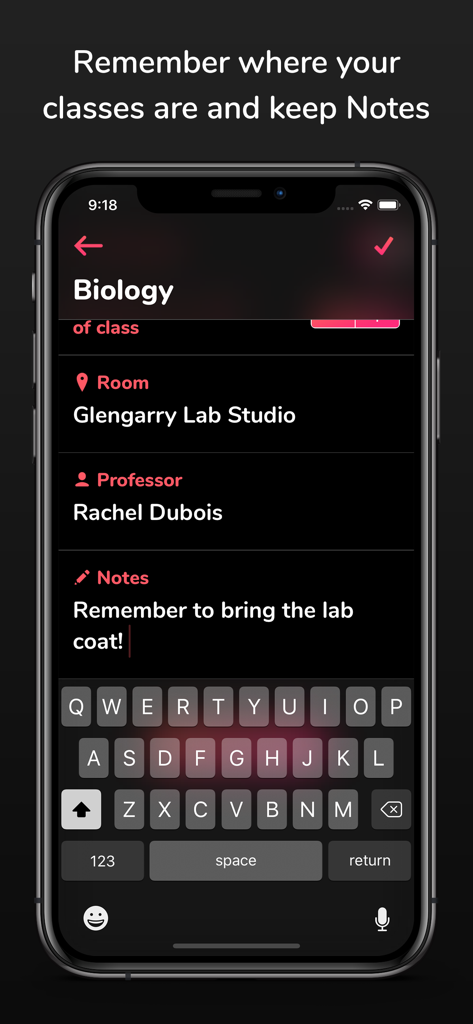 School Timetableアプリ内の生物の授業の詳細（部屋、教授、勉強ノートを含む）を表示するスマートフォンの画面