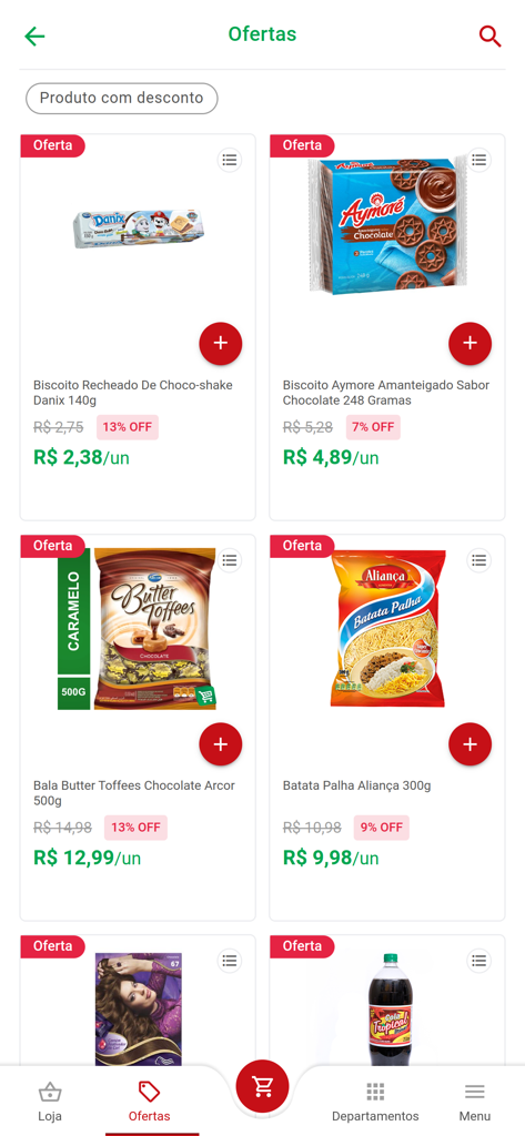 Villefort Entrega - Una pantalla móvil que muestra una lista de artículos de comestibles con descuento y productos para el hogar en la aplicación de compras Villefort Entrega.