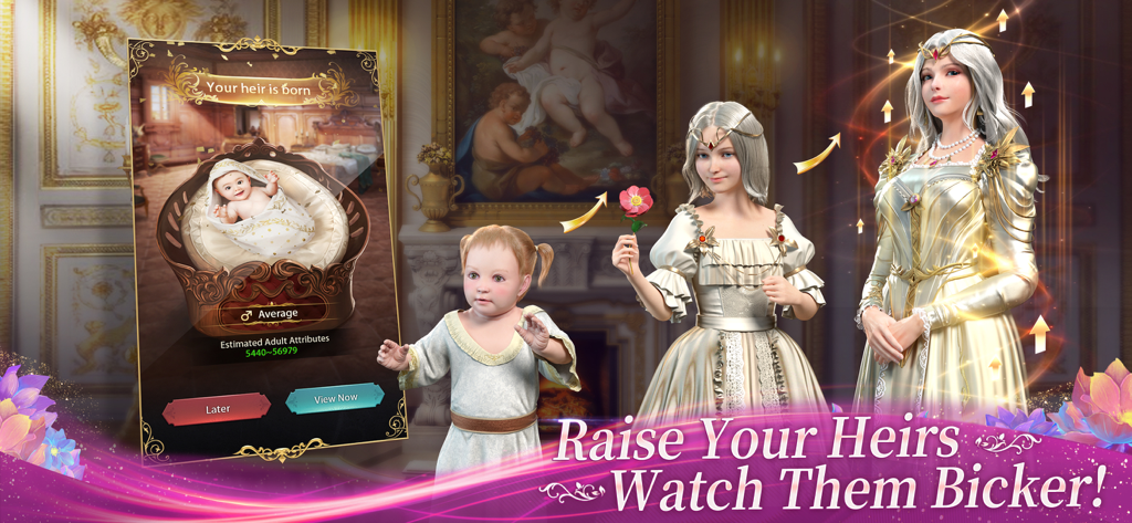 A sequence showing a baby heir growing into a young royal woman in the King's Choice game