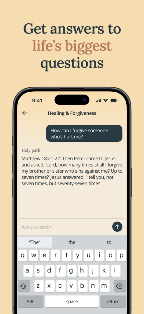Holy Path: Daily Bible Chat - Tela do aplicativo Holy Path exibindo uma conversa de bate-papo sobre perdão usando versículos bíblicos.
