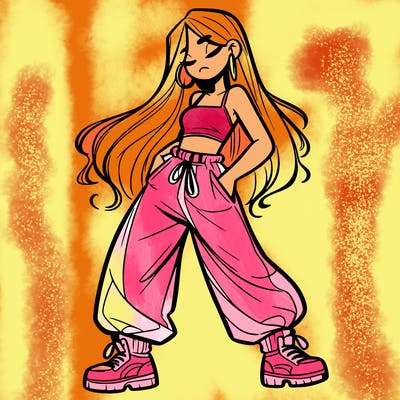 girl in baggy pants crop top and long hair
