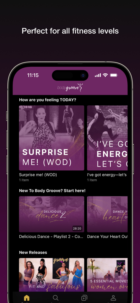 Body Groove - Body Groove app interface showing various dance workout categories and playlists for different fitness levels.