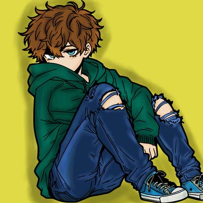 a male hoddie ripped jeans messy hair anime