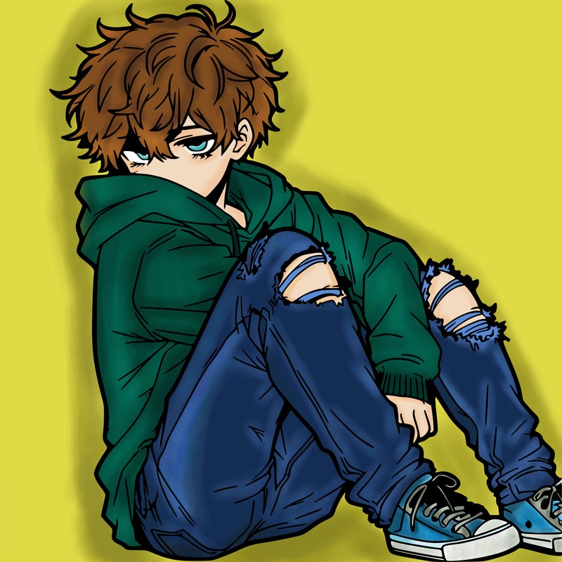 a male hoddie ripped jeans messy hair anime